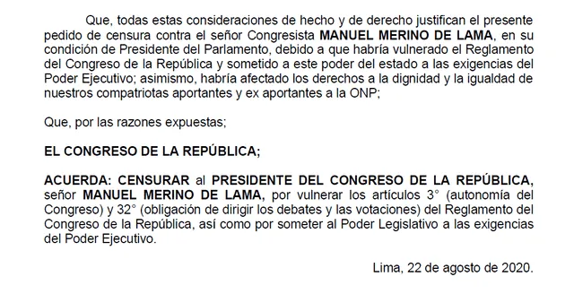 Moción de censura del congresista Mamani contra el presidente del Congreso, Manuel Merino de Lama.