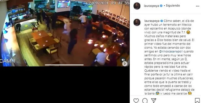 Laura Spoya estuvo en un restaurante en el momento del terremoto. Foto: captura/Instagram