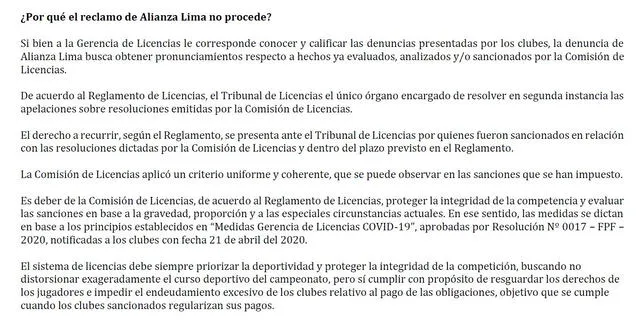 Respuesta de la Comisión de Licencias de la FPF al reclamo de Alianza Lima
