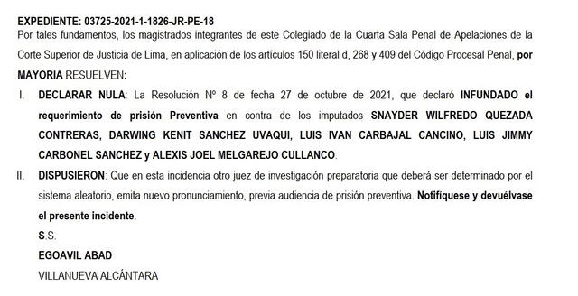 Resolución de la Corte Superior de Justicia de Lima. Foto. Twitter