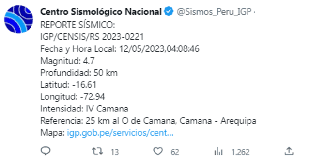 Sismo de 4.7 en Arequipa. Foto: IGP   