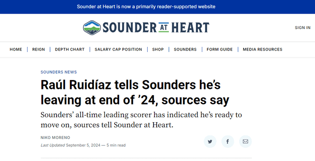  Sounder At Heart informa que Raúl Ruidíaz no renovará. Foto: captura de Sounder At Heart   