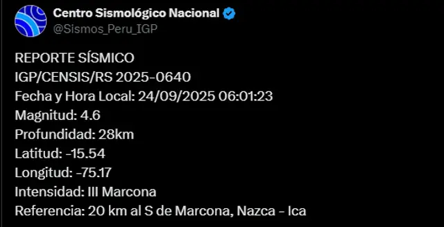  Sismo de magnitud de 4,6 sacude Ica. Foto: IGP   