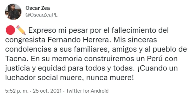 Tuit de Oscar Zea sobre Fernando Herrera. Foto: captura de Twitter