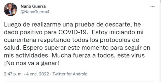 El legislador de Fuerza Popular informó a través de su cuenta de Twitter que dio positivo a la prueba de descarte de COVID-19. Foto: Twitter