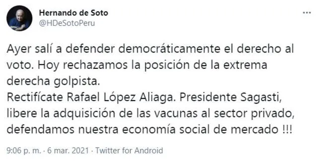 Hernando de Soto increpa a Rafael López Aliaga un día después de mostrarle su apoyo. Foto: captura de Twitter @HdeSotoPeru