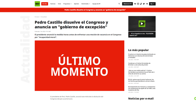 Así informó la prensa internacional sobre la disolución del Congreso en Perú. Foto: captura RT