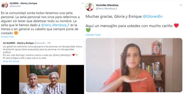 Tuits de Gloria y Enrique, y de Verónika Mendoza.