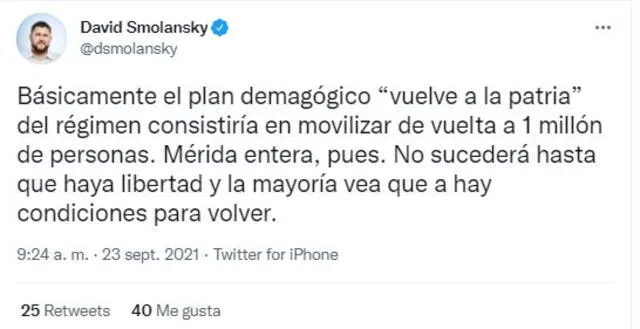 Tuit de David Smolansky sobre el Plan Vuelta al la Patria del Gobiern de Nicolás Maduro. Foto: captura Twitter
