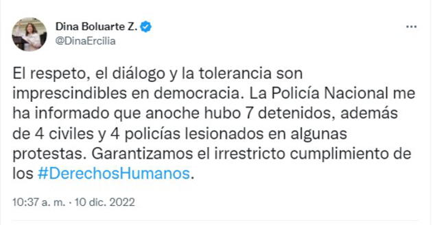 La presidenta Dina Boluarte se pronunció a través de su cuenta de Twitter.