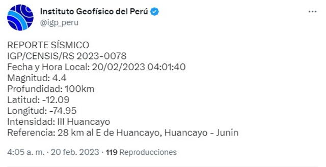 Datos del sismo en Junín. Foto: IGP   