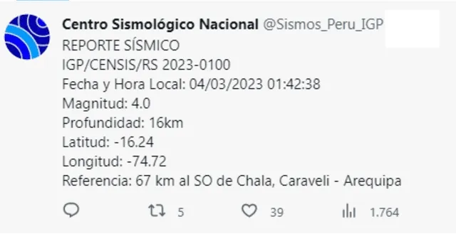 Sismo de 4.0 en Arequipa. Foto: IGP   