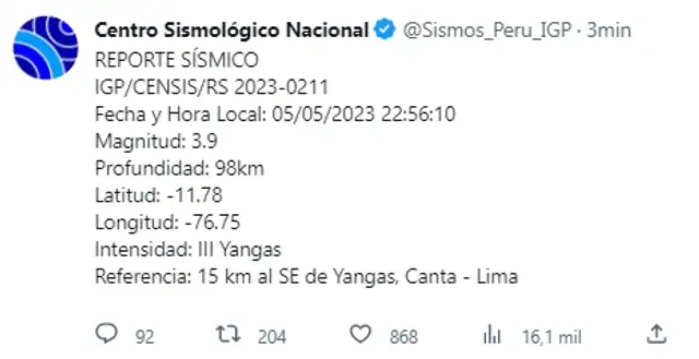 Temblor de 3.9 de magnitud. Foto: IGP   