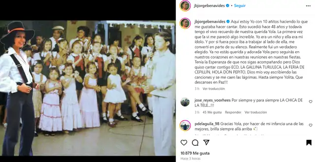  Mensaje de Jorge Benavides por la muerte de Yola Polastri. Foto: Instagram/ JB   