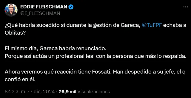  Eddie Fleischman comparó a Jorge Fossati con Ricardo Gareca. Foto: captura de X/Eddie Fleischman   