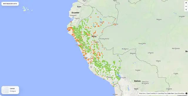 Mapa comparativo de las mesas en las que ganó Roberto Sánchez (punto verde), Keiko Fujimori (punto anaranjado) y Rafael López Aliaga (punto celeste). Fuente: Datadaf. Mapa comparativo de las mesas en las que ganó Roberto Sánchez (punto verde), Keiko Fujimori (punto anaranjado) y Rafael López Aliaga (punto celeste). Fuente: Datadaf.