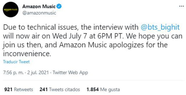 Comunicado de Amazon Music en Twitter. Foto: captura