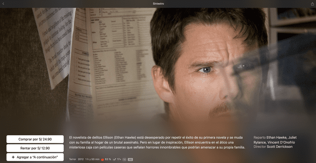 Precios de alquiler y compra de "Siniestro" en Apple TV