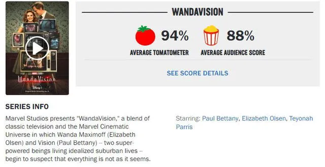 WandaVision roza la calificación perfecta por parte de la crítica en RT. Foto: captura de Rotten Tomatoes