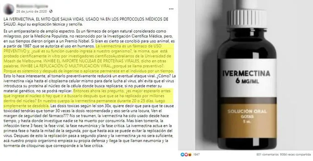 Viral dice que la ivermectina previene la COVID-19 porque “permanece en el individuo por un tiempo”. Foto: captura en Facebook.