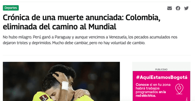 Publimetro sobre la eliminación de Colombia. Foto: captura Publimetro