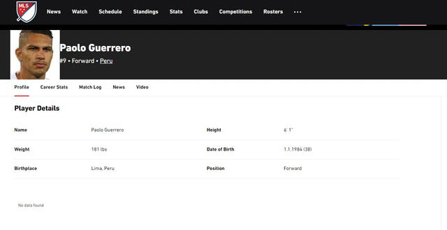 Ficha técnica de Paolo Guerrero en la web de la MLS.