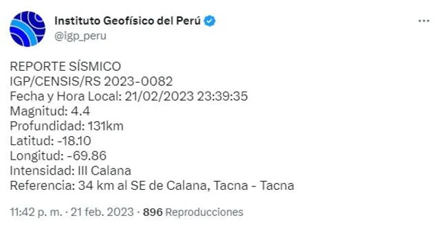 Datos del sismo en Tacna. Foto: IGP   