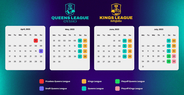  Calendario oficial de la Queens y Kings League para la segunda temporada. Foto: Kings League   