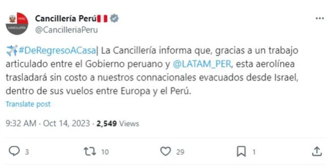  Latam es la aerolínea que trasladará a peruanos varados en Israel. Foto: Cancillería   