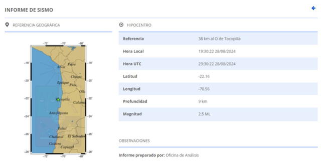 Información del último sismo en Chile. Foto: CSN 