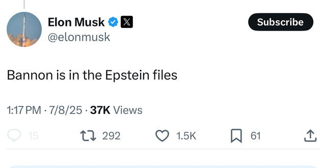 "Bannon aparece en los archivos de Epstein", escribió Musk en X sin ofrecer más detalles. Foto: X/@elonmusk.   