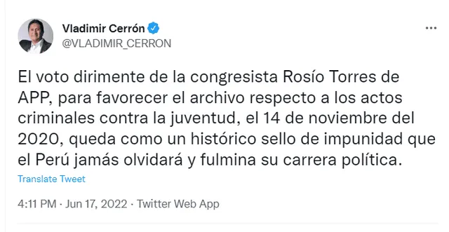 Vladimir Cerrón cuestionó a la congresista Rosio Torres por blindar a Manuel Merino en la Subcomisión de Acusaciones Constitucionales
