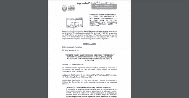 Proyecto de ley presentado por la bancada del Frepap. (Foto: Captura documento)