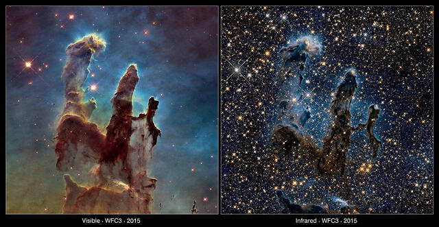 Los Pilares de la creación en luz visible (izquierda) y luz infrarroja (derecha). Hay una diferencia marcada en la cantidad de estrellas vistas. Foto: NASA / ESA