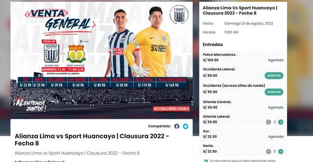 Así van las entradas para el duelo entre Alianza Lima y Huancayo. Foto: Joinnus