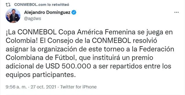 Alejandro Domínguez informó sobre la organización de la Copa América Femenina 2022. Foto: captura Twitter