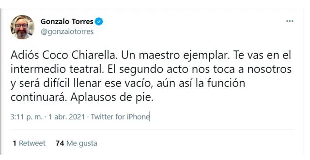 1.4.2021 | Tweet  de Gonzalo Torres sobre la muerte de Jorge 'Coco' Chiarella. Foto: Gonzalo Torres / Twitter