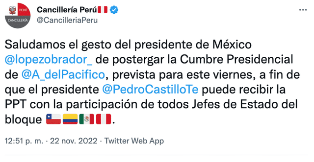 Pronunciamiento de la Cancillería peruana ante propuesta del presidente mexicano. Foto: captura de Twitter