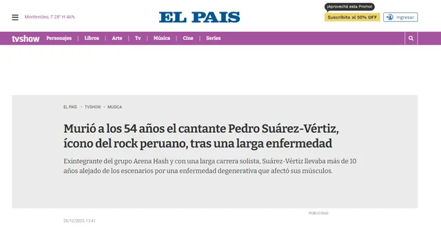  Así informó El País de Uruguay el deceso de Pedro Suárez-Vértiz. Foto: El País<br>    