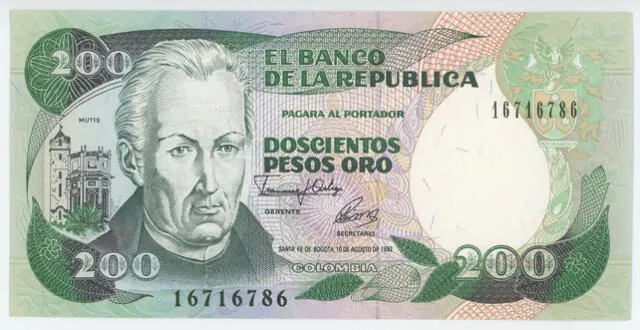  Billete de 200 pesos colombianos. Foto: Numista    