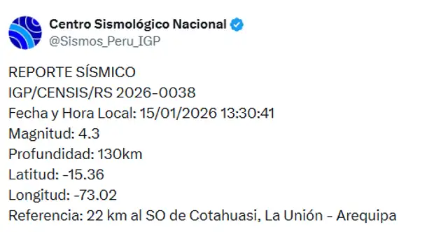 Temblor de 4,3 en Arequipa, según IGP Temblor de 4,3 en Arequipa, según IGP