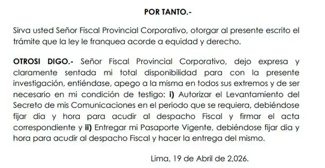 Escrito presentado por Piero Corvetto