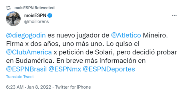 Fichaje de Godín fue confirmado por periodista de ESPN. Foto: Moisés Llorens