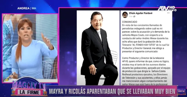 Magaly Medina arremete contra a Efraín Aguilar por respaldar a Andrés Wiese  y minimizar denuncia de Mayra Couto.