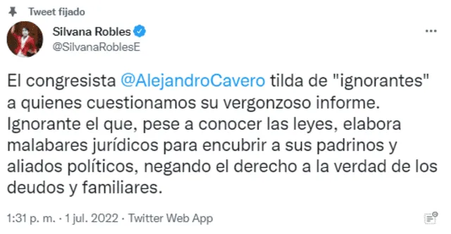 Robles se pronunció sobre Alejandro Cavero. Foto: captura de Twitter