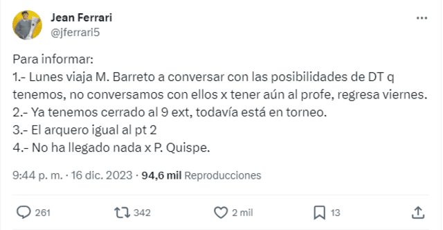 Ferrari utilizó su cuenta de Twitter para informar sobre el estado de los refuerzos. Foto: X/Jean Ferrari.   