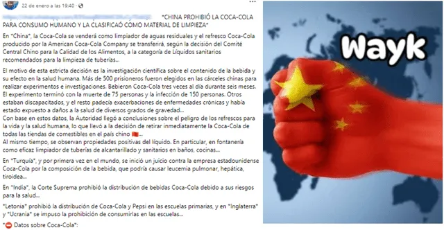  Desinformación sobre China y Coca-Cola. Foto: captura en Facebook.    