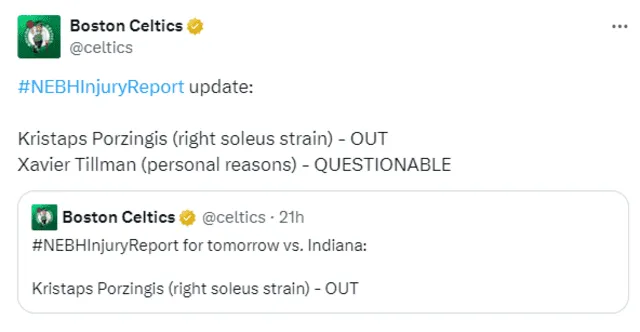 Este fue el último injury report de los Celtics. Foto: Celtics 