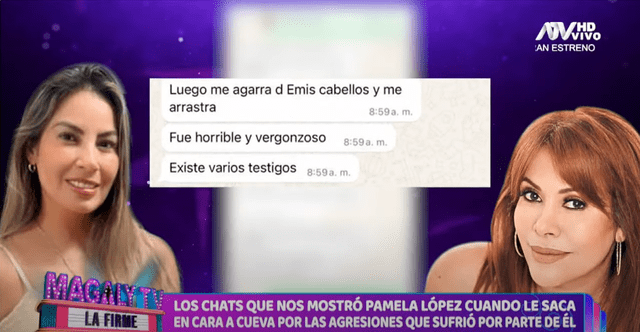 Pamela López le envió pantallazos a Magaly Medina sobre la agresión de Christian Cueva en una discoteca. Foto: ATV.   