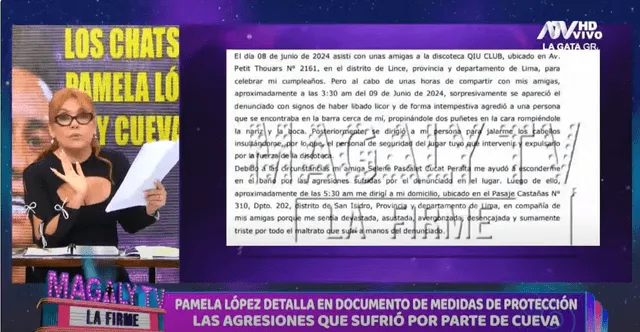 Magaly Medina leyó el documento de medidas de protección en donde se detallan las agresiones de Christian Cueva a Pamela López. Foto: ATV.    